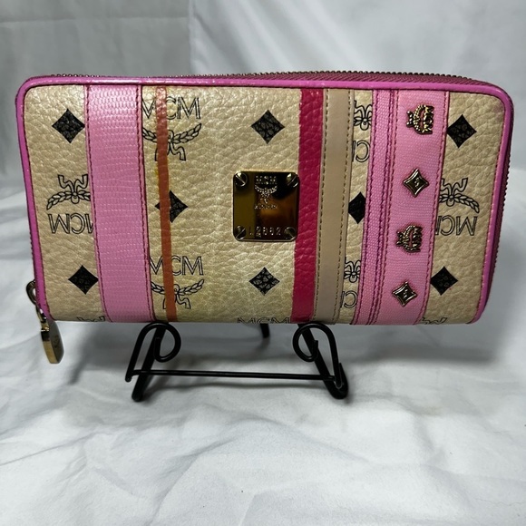 MCM LIMITED EDITION Studded Logo Leather Long Wallet Pink and Cream EUC - Picture 1 of 5